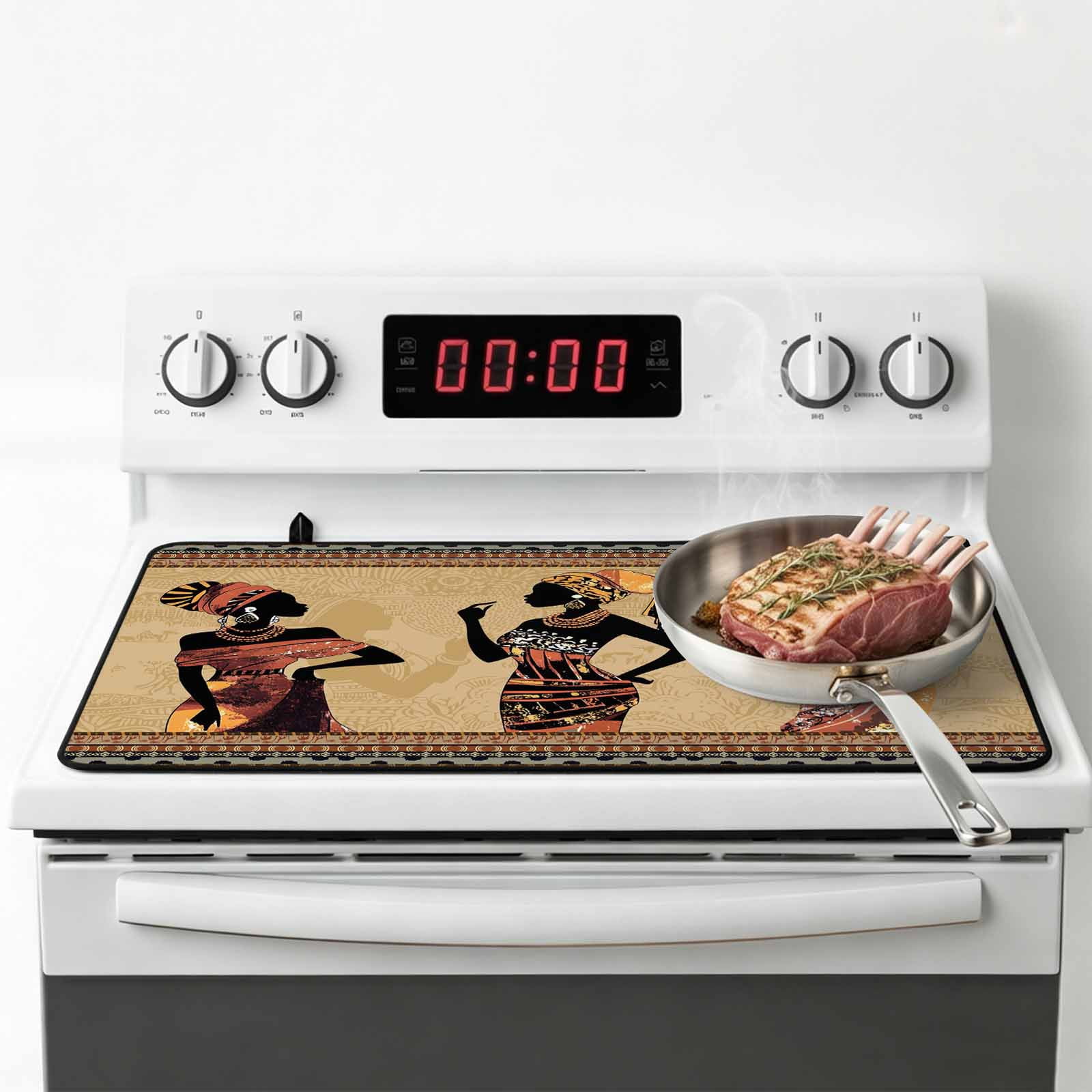 African Black Women Stove Top Cover for Electric Stove, Heat-proof & Non Slip Glass Top Stove Cover Protector, Boho Ethnic Tribe Vintage Brown Kitchen Flat Cooktop Rubber Mat 24x21 Inches