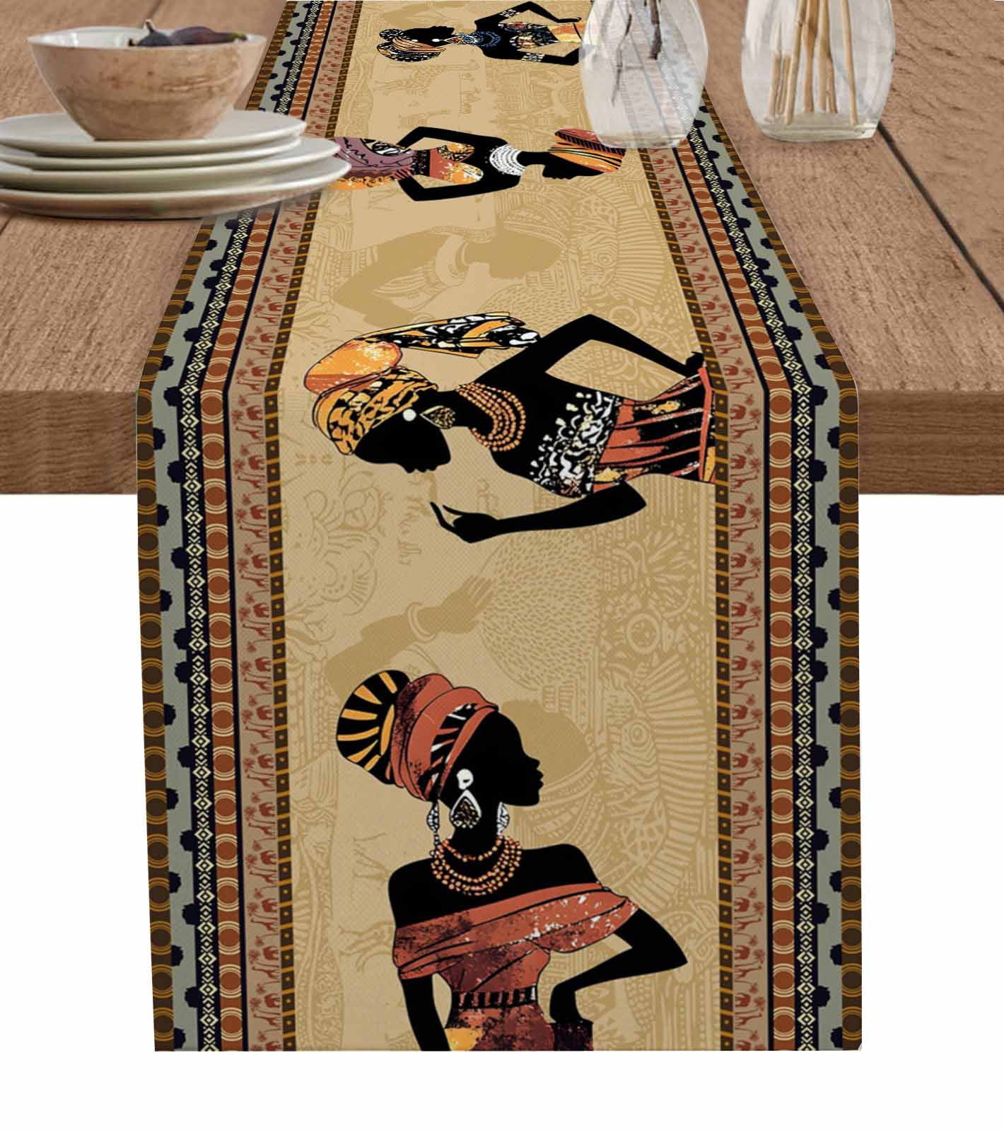 African Black Women Table Runner 72 Inches, Boho Ethnic Tribe Vintage Brown Bed Runner Dresser Scarves Tabletop for Indoor Outdoor Parties/Ceremony/Banquet, 16" x 72"