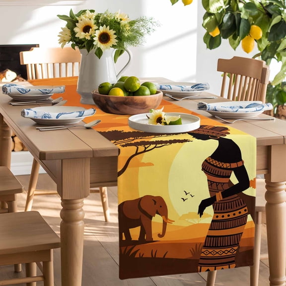 African Black Women Table Runner-90 Inch Long Dusk Forest Animal Giraffe Elephant Table Runners Linen Burlap Tablerunner for Kitchen Dining Room Holiday Party