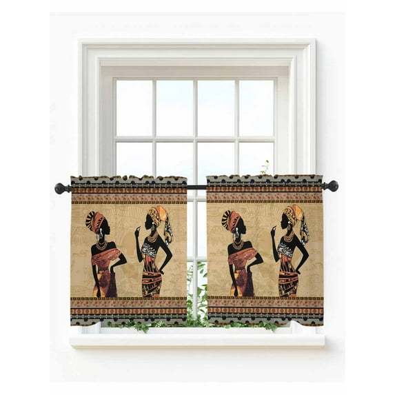 African Black Women Tier Curtains 36 Inch Length,Sheer Curtains for Bedroom Living Room Window Boho Ethnic Tribe Vintage Brown Rod Pocket Drapes Kitchen Curtains Small Half Window 27.5"x36" 2 Panels