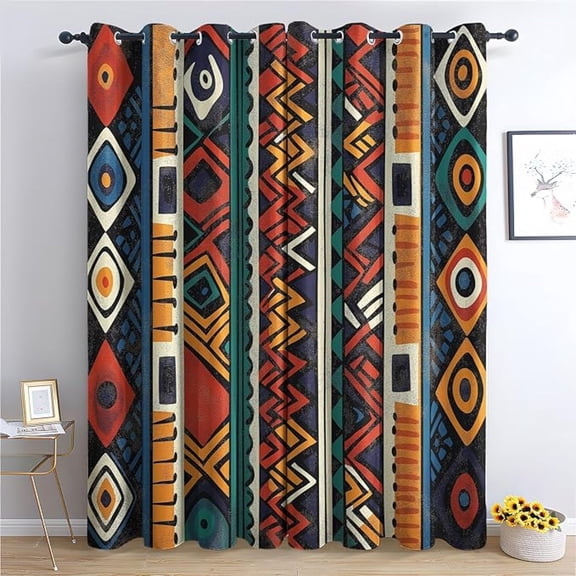 African Blackout Curtains For Living Room Bedroom, Thermal Insulated Room Darkening Grommet Drapes, Boho Afro Ethnic Tribal Geometric Window Curtains 53"W x 84"L (Pack of 2)