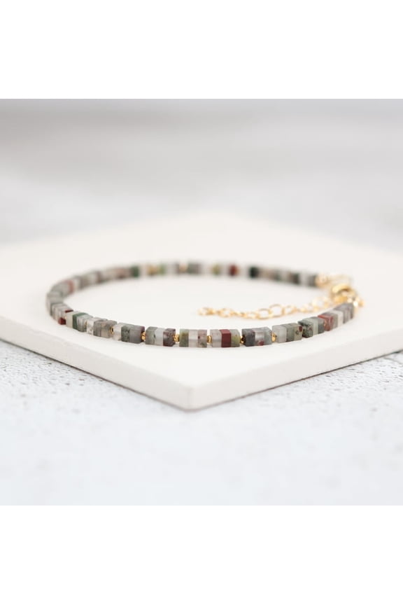 African Bloodstone 3mm Cube Shape Smooth Cut Beads 7 inch adjustable Gold Plated Clasp Bracelet for men, women, unisex. Link Chain Stacking Bracelet.|LINK_00036