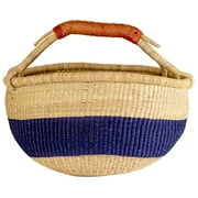 African Bolga Basket | Genuine Leather Handle | Woven Handmade Fair Trade Product | 100% Authentic Ghanaian | 16-18 Inches Across | Indigo Blue - Striped | The Bead Chest
