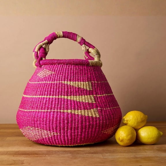 African Bolga Pot Basket, Boho Style, 16 Inch Wide (Pink)