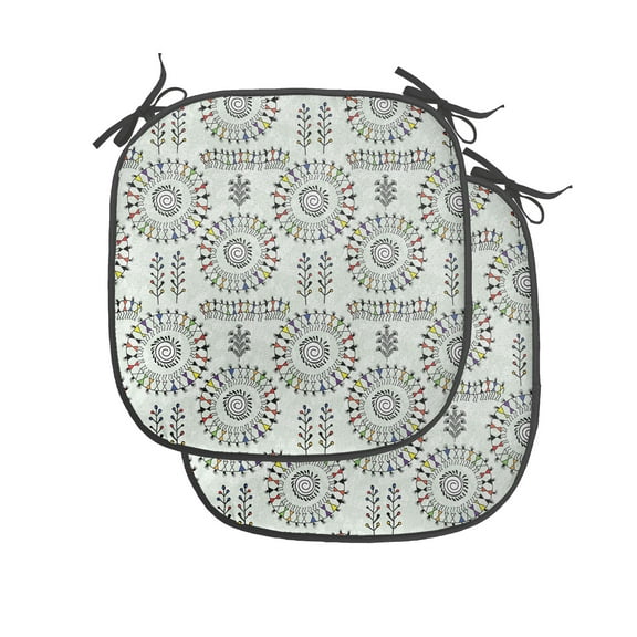 African Chair Seating Cushion Set of 4, Old Art with Circular Dance Folk Image, Seat Pads for Office with Anti-slip Backing, 16"x16", Multicolor, by Ambesonne