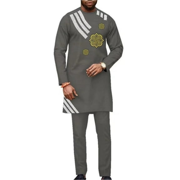 African Clothes for Men Dashiki Traditional Suit 2 Piece African Mens Outfits Set Embroidered African Top and Pant