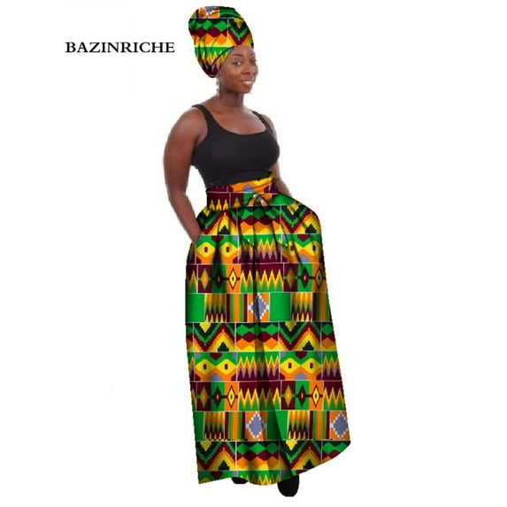 African Clothes for Women Long Print Skirt with Headscarf Maxi Skirts Ankle-Length WY268