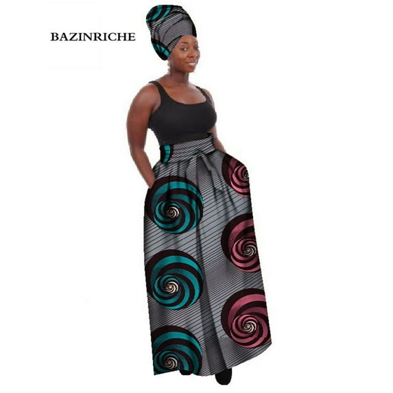 African Clothes for Women Long Print Skirt with Headscarf Maxi Skirts Ankle-Length WY268