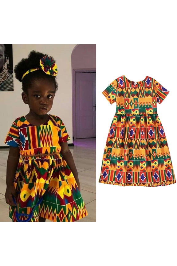 African Costume Toddlers Kids Dress For Girls Short Sleeve Round Neck Loose Fit Dress Summer Spring Fall Daily Streetwear Dresses For Girls Multicolor 2-3 Y