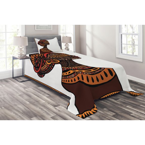 African Coverlet Set Twin Size, Tribal Exotic Beauty Woman Figure with Traditional Mask Totem Illustration, Quilted 3 Piece Decor Bedspread Set with Pillow Sham, Brown and Cinnamon, by Ambesonne