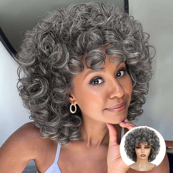 African Curly Wig Fluffy Wave Big Elastic Band Bangs Short Cute Wig Black/Brown/Gray High Temperature Resistant Synthetic Fiber Suitable for Female Cosplay and Party Events