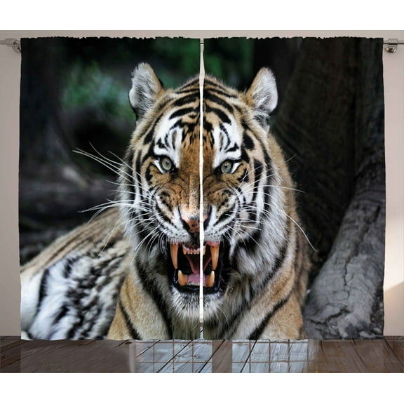 Ambesonne African Curtains 2 Panel Set, Roaring Tiger Wildlife, 108" x 84", Multicolor