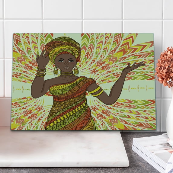 African Cutting Board, Dancing Woman Hand Drawing Geometric Ornament Colorful Print, Decorative Tempered Glass Cutting and Serving Board, Large Size, Green Red Yellow, by Ambesonne