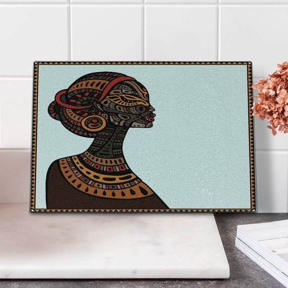 African Cutting Board, Exotic Beauty Woman with Traditional Totem Illustration, Decorative Tempered Glass Cutting and Serving Board, Small Size, Brown and Cinnamon, by Ambesonne
