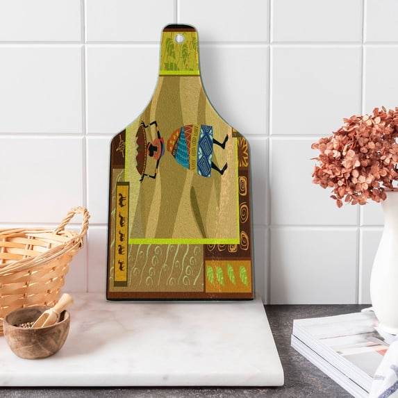 African Cutting Board, Ornate Nature Inspired Motifs Swirls Camels Lady with Jug Print, Decorative Tempered Glass Cutting and Serving Board, Wine Bottle Shape, Multicolor, by Ambesonne
