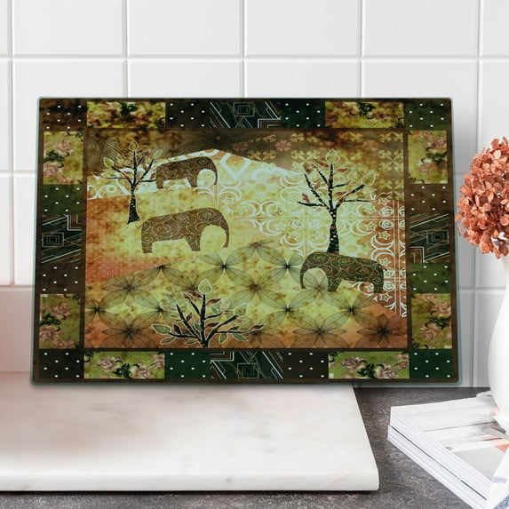 African Cutting Board, Patchwork Inspired Pattern Grunge Vintage Featured Elephants Trees Roses Print, Decorative Tempered Glass Cutting and Serving Board, Large Size, Multicolor, by Ambesonne