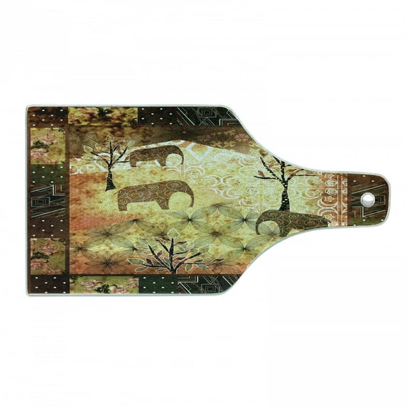 African Cutting Board, Patchwork Inspired Pattern Grunge Vintage Featured Elephants Trees Roses Print, Decorative Tempered Glass Cutting and Serving Board, Wine Bottle Shape, Multicolor, by Ambesonne