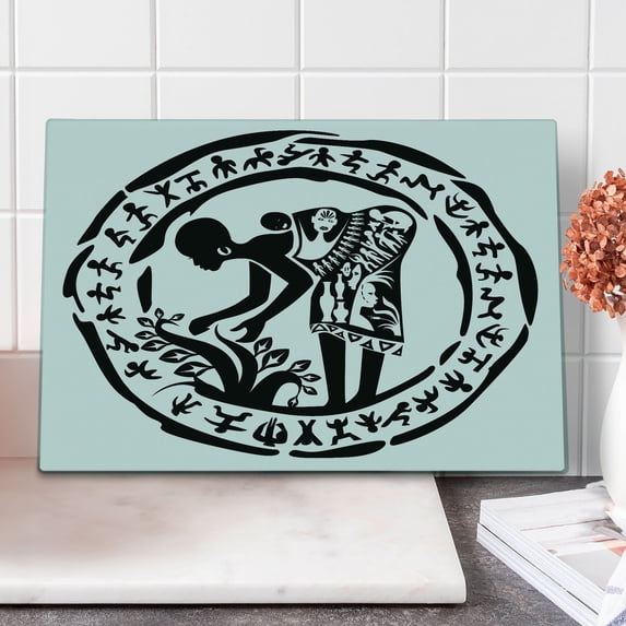 African Cutting Board, Round Ring Shaped Frame with Woman Agriculture Prehistoric Art, Decorative Tempered Glass Cutting and Serving Board, Large Size, Black and White, by Ambesonne