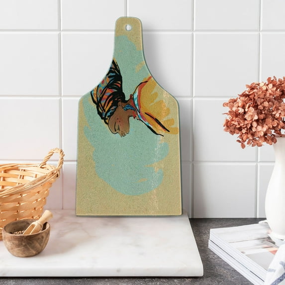 African Cutting Board, Watercolor Profile Portrait of Native Woman Hairdo and Earrings, Decorative Tempered Glass Cutting and Serving Board, Wine Bottle Shape, Multicolor, by Ambesonne