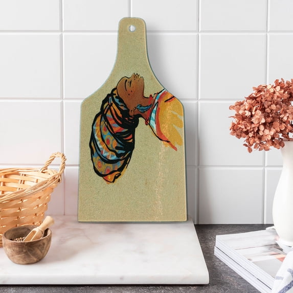 African Cutting Board, Woman Exotic Feather Earring and Scarf Zulu Hippie Art, Decorative Tempered Glass Cutting and Serving Board, Wine Bottle Shape, Caramel and Marigold, by Ambesonne
