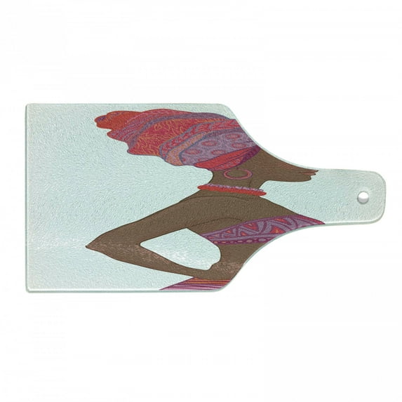 African Cutting Board, Zulu Woman Bandage Dress Necklace Female Illustration, Decorative Tempered Glass Cutting and Serving Board, Wine Bottle Shape, Dark Coral Chocolate, by Ambesonne