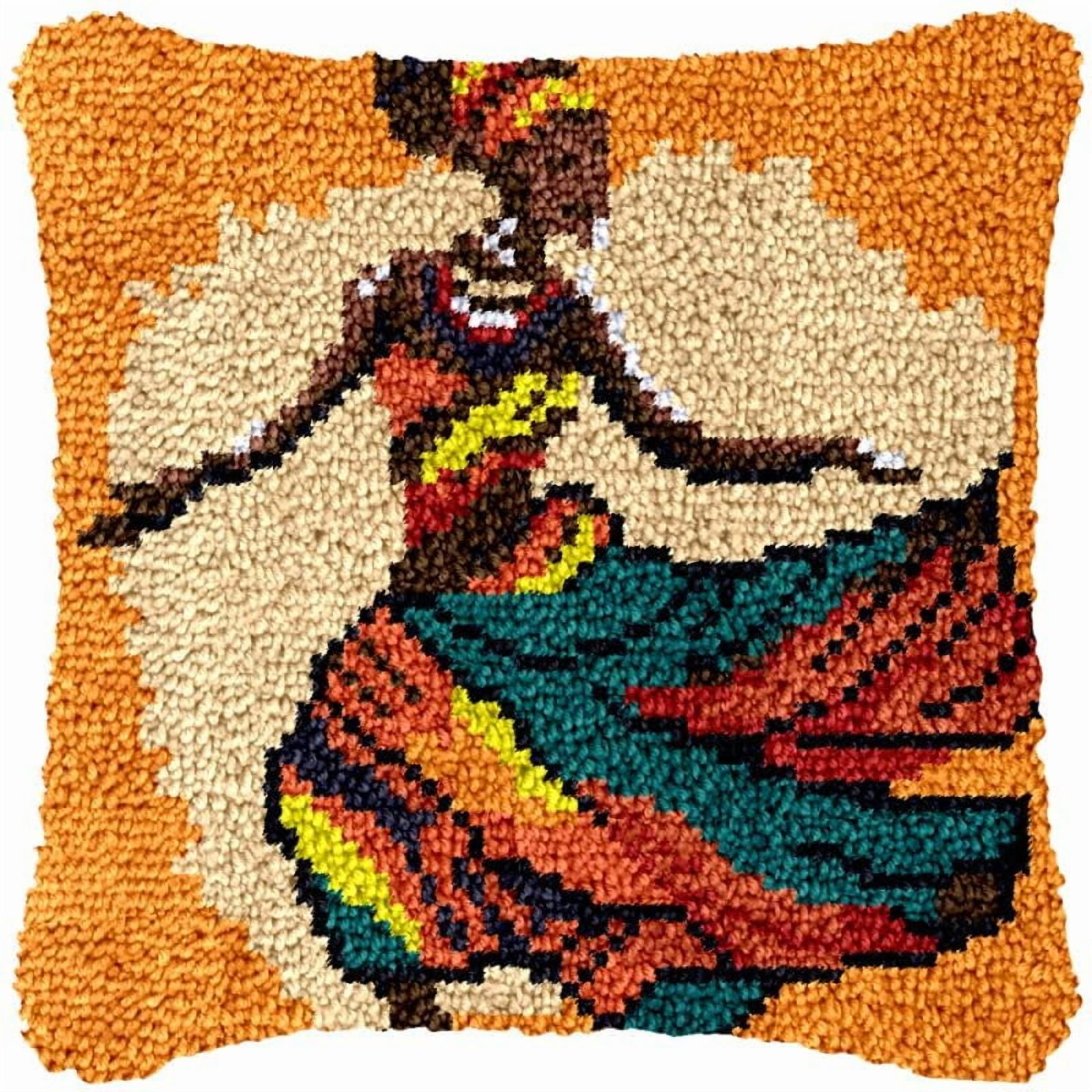 African Dance Woman Latch Hook Pillow Cover Kits for DIY Handmade Throw Pillow Cross Stitch Latch Hook Pillowcase Rug Kits with Preprinted Color Pattern Canvas Crochet Yarn Kits 17''X 17''(ys133)