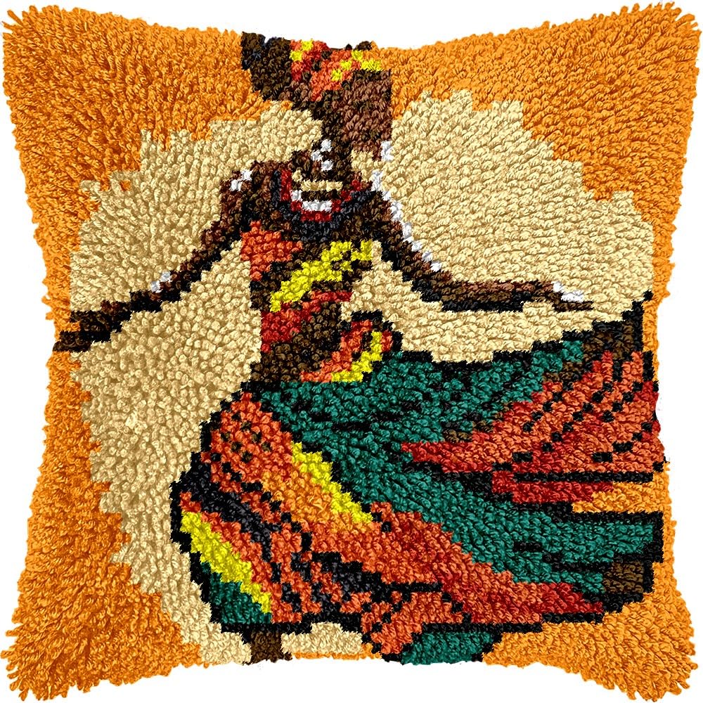 African Dancer Latch Hook Pillow Kits for DIY Throw Pillow Cushion Embroidery Latch Hooking Pillowcase Kits with Preprinted Canvas Crochet Yarn Kits for Home Decor 17''X 17''(d269)