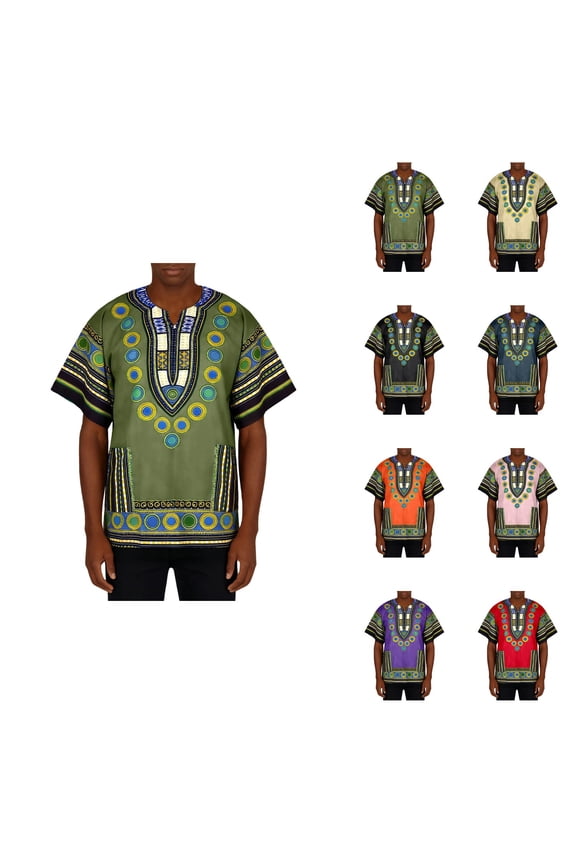 African Dashiki T-Shirt, Plus Size Unisex Cotton Short Sleeve Loose Tunic for Men & Women