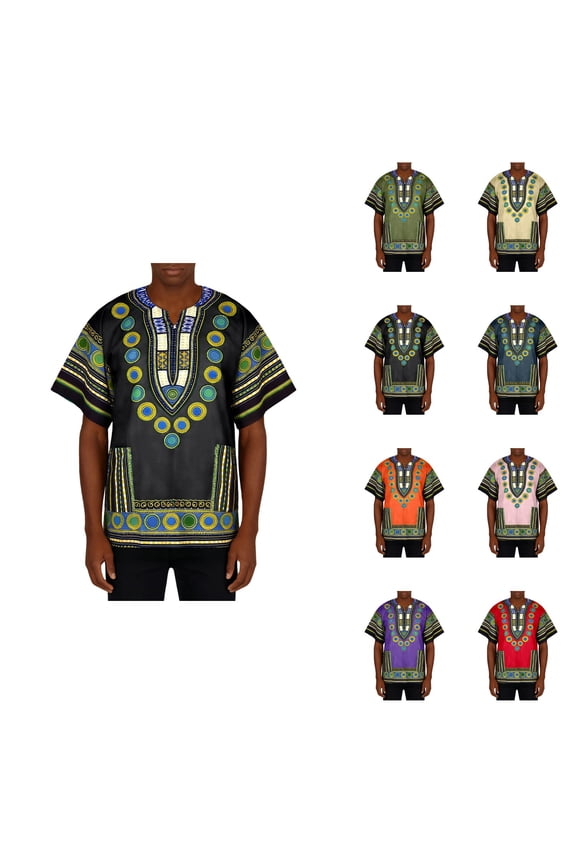 African Dashiki T-Shirt, Plus Size Unisex Cotton Short Sleeve Loose Tunic for Men & Women