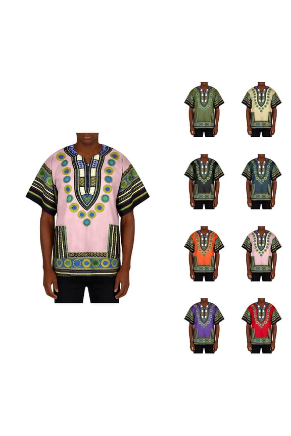 African Dashiki T-Shirt, Plus Size Unisex Cotton Short Sleeve Loose Tunic for Men & Women