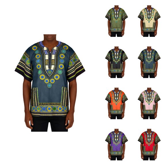 African Dashiki T-Shirt, Plus Size Unisex Cotton Short Sleeve Loose Tunic for Men & Women