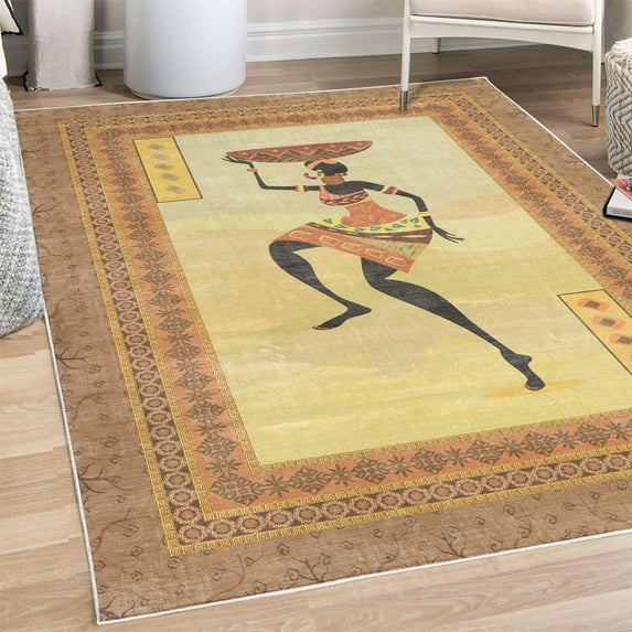 African Decorative Rug, Lady Silhouette in Folk Indigenous Clothes and Accessories Ethnic Themed, Quality Carpet for Bedroom Dorm and Living Room, 6 Sizes, Orange Yellow Cocoa, by Ambesonne