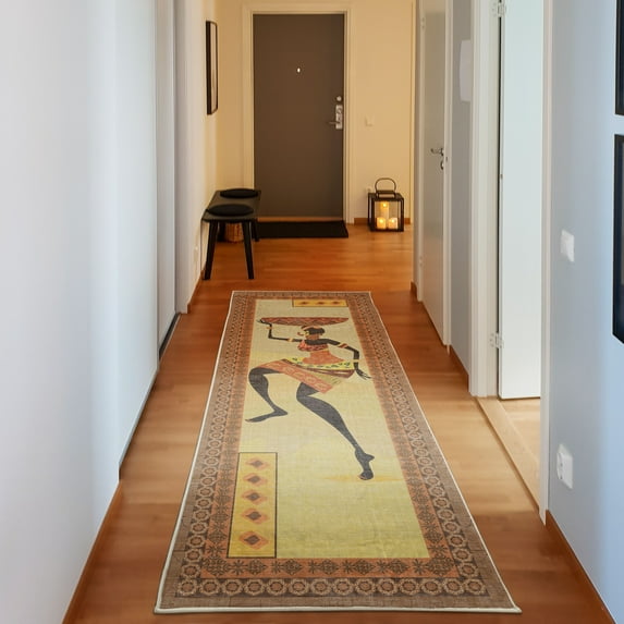 African Decorative Rug, Lady Silhouette in Folk Indigenous Clothes and Accessories Ethnic Themed, Quality Carpet for Bedroom Dorm and Living Room, 6 Sizes, Orange Yellow Cocoa, by Ambesonne