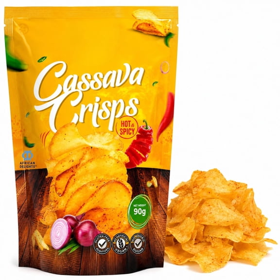 African Delights Cassava Chips, Hot & Spicy, Pack of 3 (90g Each)