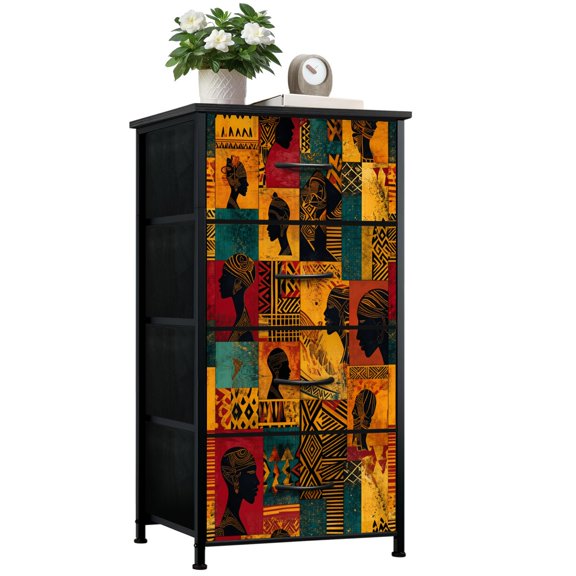 African Dresser for Bedroom with 4 Storage Drawers African Inspired Silhouette Portraits Geometric Tribal Patterns Warm Dressers Chest of Drawers Steel Framed Fabric Closet Organizers for Entryway