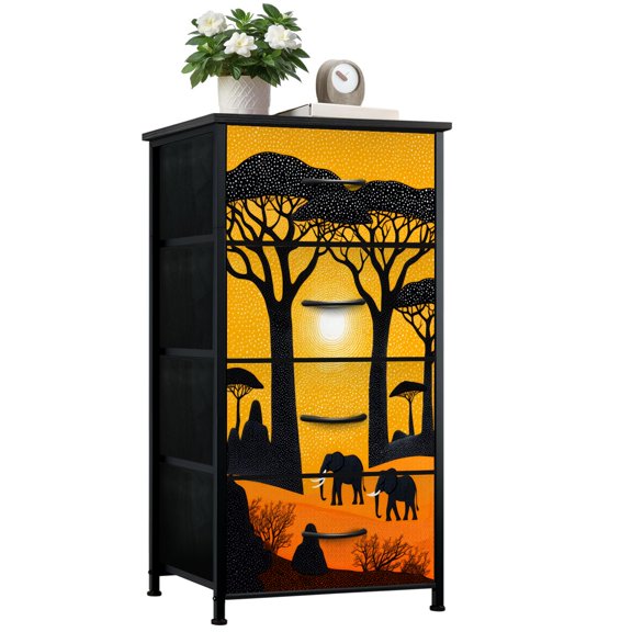 African Dresser for Bedroom with 4 Storage Drawers Elephants Walking Beneath Baobab Trees Golden African Savanna Sunset Dressers Chest of Drawers Steel Framed Fabric Closet Organizers for Entryway