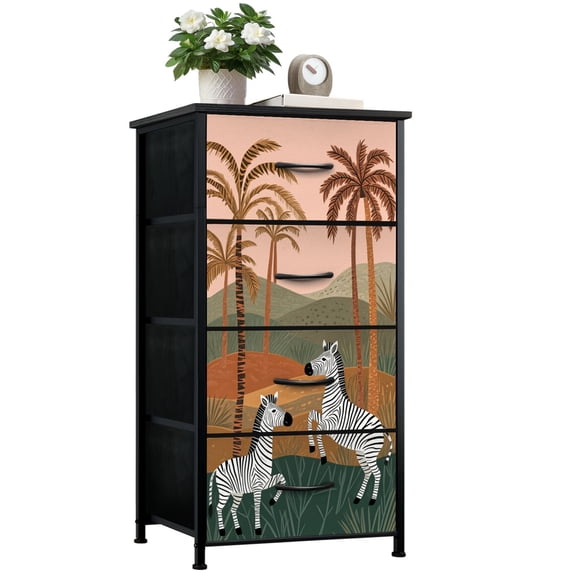 African Dresser for Bedroom with 4 Storage Drawers Stylized Zebra Palm Trees Rolling Hills Dressers Chest of Drawers Steel Framed Fabric Closet Organizers for Entryway Wood Top Tall Dresser