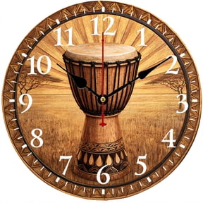 African Drum Wall Clock 9.84 Inch, Djembe Music Decorative Analog Clock with Easy to Read Numbers, Battery Operated Rustic Wall Decor for Living Room Bedroom Office
