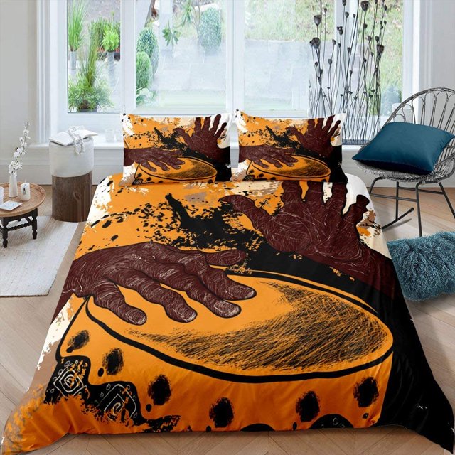 African Drummer Comforter Cover Set Yellow and Black Stains Spots Decor