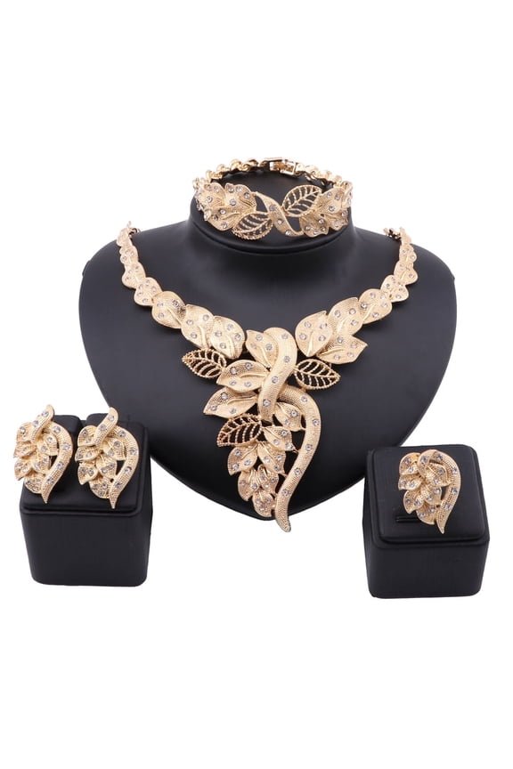 African Dubai Gold Nigerian Crystal Necklace Hoop Earrings Ring Women Italian Bridal Jewelry Sets Wedding Accessories