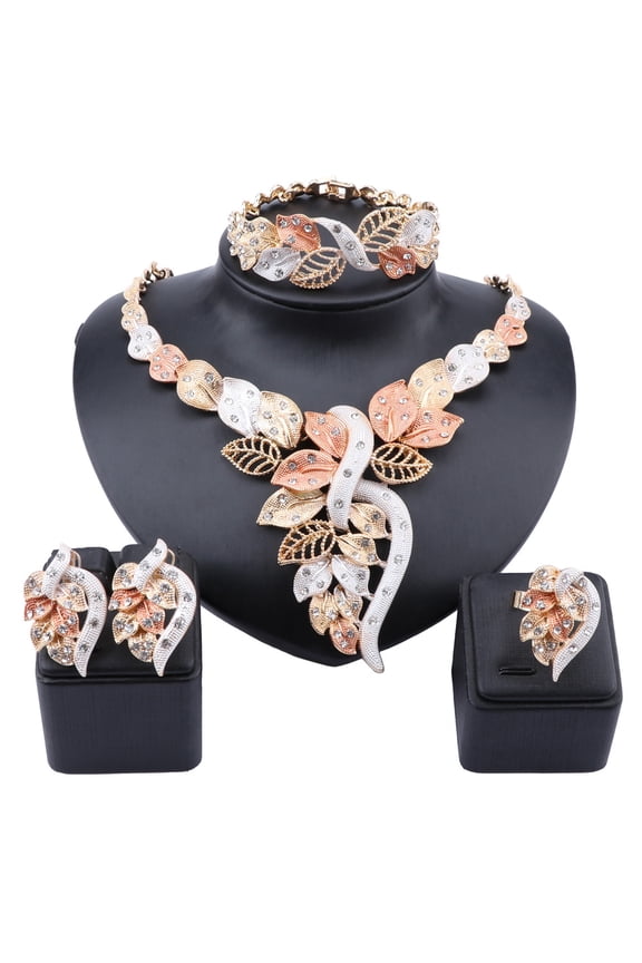 African Dubai Gold Nigerian Crystal Necklace Hoop Earrings Ring Women Italian Bridal Jewelry Sets Wedding Accessories