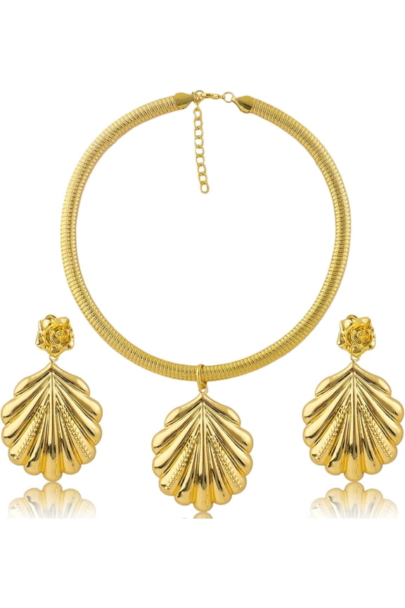 African Dubai Jewelry Fine Sets for Women Gold Expertly Plated Shell Pendant Necklace Earrings Set Chunky Gold Seashell Jewelry Set for Women[w301]