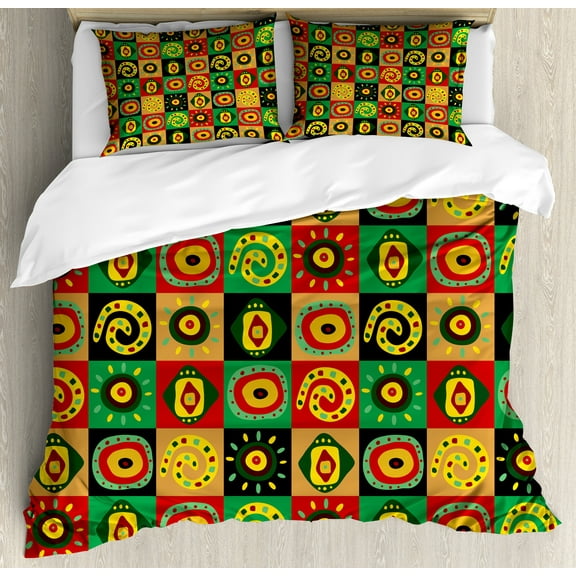 African Duvet Cover Set, Abstract Design with Trippy Shapes Culture Hieroglyph Print, Decorative 3 Piece Bedding Set with 2 Pillow Shams, Queen Size, Multicolor, by Ambesonne
