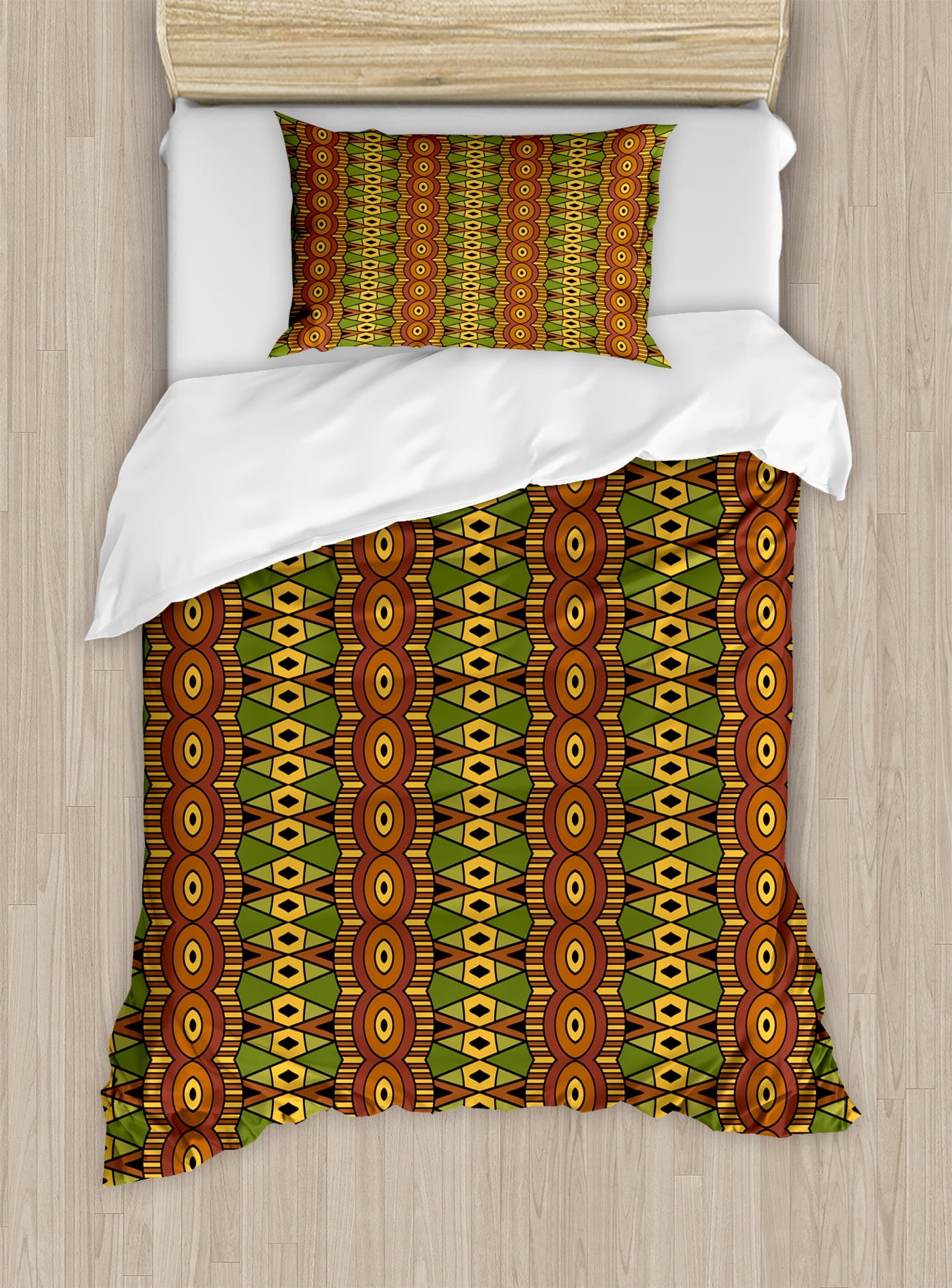Twin Green Brown Yellow Geometric Duvet Cover Set