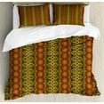 thumbnail image 1 of African Duvet Cover Set, Abstract Motifs Vertical Borders Folkloric Hippie Antique, Decorative 3 Piece Bedding Set with 2 Pillow Shams, King Size, Green Brown Yellow, by Ambesonne, 1 of 3