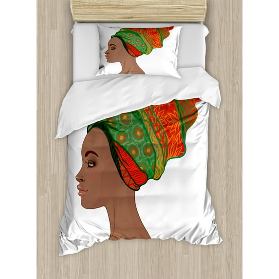 African Duvet Cover Set, Afro Female Young Beauty Traditional Hair Dress Turban Ornate, Decorative 2 Piece Bedding Set with 1 Pillow Shams, Twin Size, Scarlet Green Chocolate, by Ambesonne