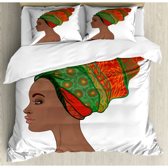 African Duvet Cover Set, Afro Female Young Beauty Traditional Hair Dress Turban Ornate, Decorative 3 Piece Bedding Set with 2 Pillow Shams, Calking Size, Scarlet Green Chocolate, by Ambesonne