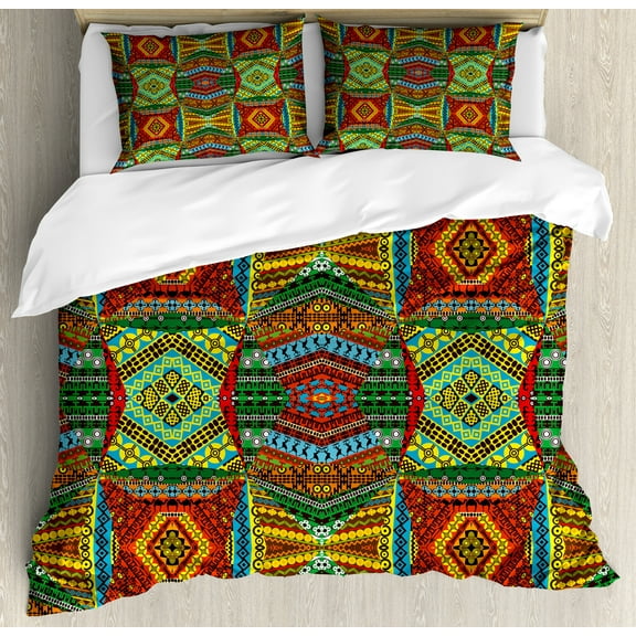 African Duvet Cover Set, Collage of Native Motifs Art Traditional Old Fashioned Cultural, Decorative 3 Piece Bedding Set with 2 Pillow Shams, King Size, Multicolor, by Ambesonne