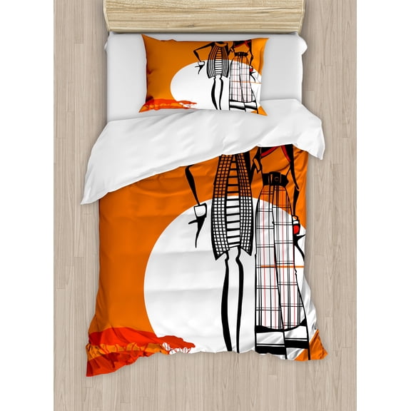 African Duvet Cover Set, Desert Sunset Scenery Women with Trees Picture, Decorative 2 Piece Bedding Set with 1 Pillow Shams, Twin Size, White Orange Black, by Ambesonne