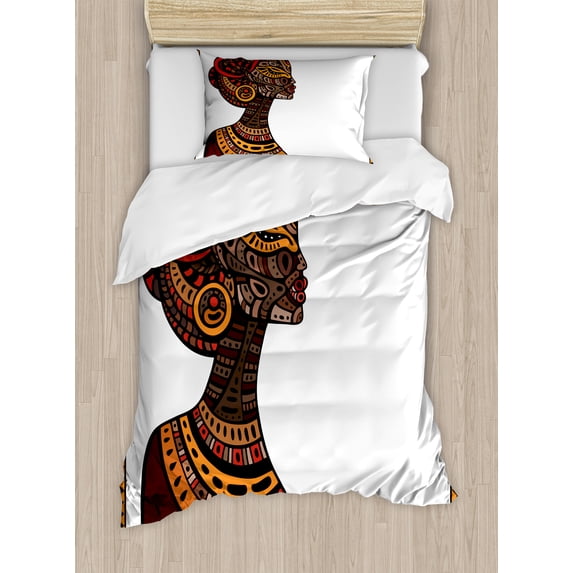 African Duvet Cover Set, Exotic Beauty Woman with Traditional Totem Illustration, Decorative 2 Piece Bedding Set with 1 Pillow Shams, Twin Size, Brown and Cinnamon, by Ambesonne